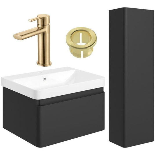 Ruby Penny 600mm Basin Unit & Tall Unit Pack - Matt Black w/Brushed Brass Finishes - RUBY109044 - Envy Bathrooms Ltd