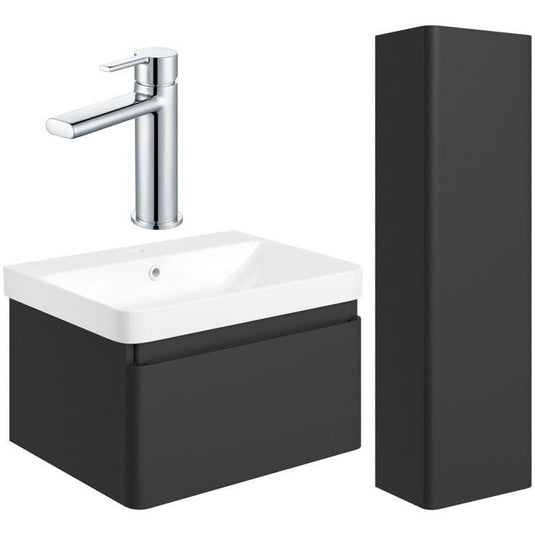 Ruby Penny 600mm Basin Unit & Tall Unit Pack - Matt Black w/Chrome Finishes - RUBY109040 - Envy Bathrooms Ltd