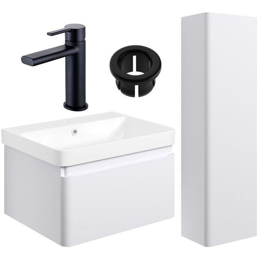 Ruby Penny 600mm Basin Unit & Tall Unit Pack - Matt White w/Black Finishes - RUBY109046 - Envy Bathrooms Ltd