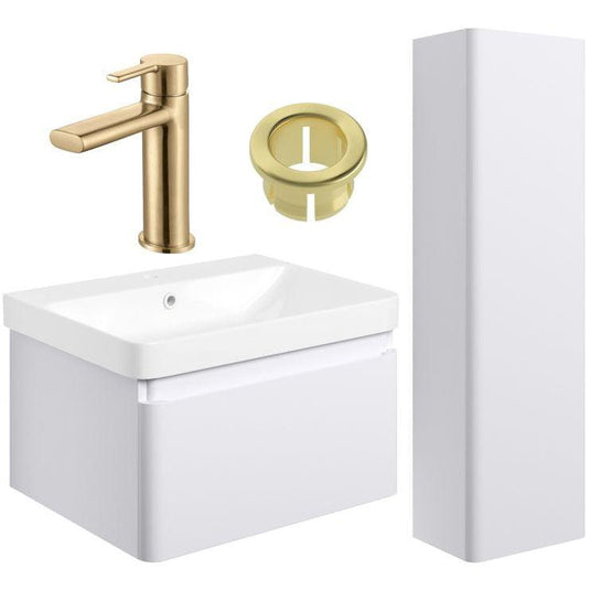 Ruby Penny 600mm Basin Unit & Tall Unit Pack - Matt White w/Brushed Brass Finishes - RUBY109042 - Envy Bathrooms Ltd