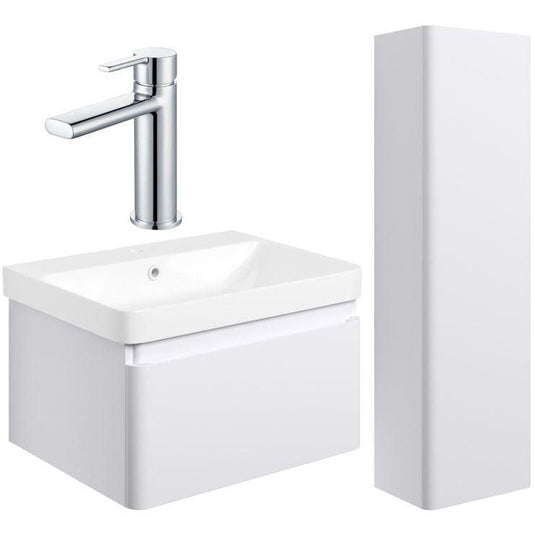 Ruby Penny 600mm Basin Unit & Tall Unit Pack - Matt White w/Chrome Finishes - RUBY109038 - Envy Bathrooms Ltd