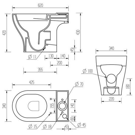 Ruby Piper Rimless Short Projection Close Coupled Open Back WC & Soft Close Seat - RUBY106139