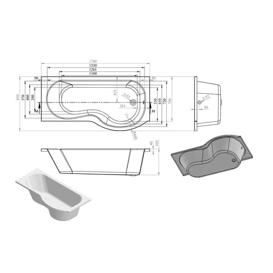 Ruby Remi P Shape SUPERCAST 1700x850x560mm 0TH Shower Bath Pack (RH) - RUBY105612 - Envy Bathrooms Ltd