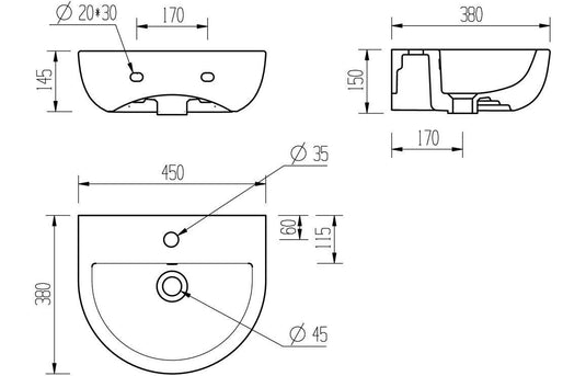 Ruby River 450x400mm 1TH Cloakroom Basin & Black Bottle Trap - RUBY106865 - Envy Bathrooms Ltd