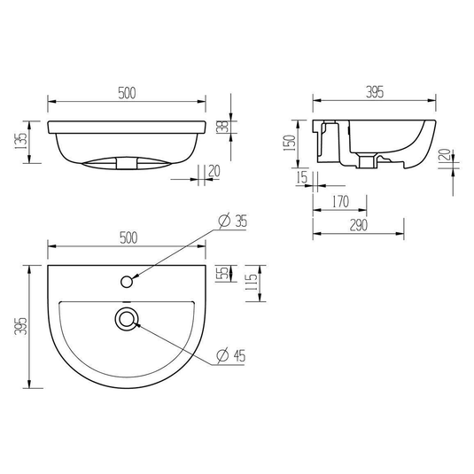 Ruby River 500x390mm 1TH Semi Recessed Basin - RUBY1829 - Envy Bathrooms Ltd