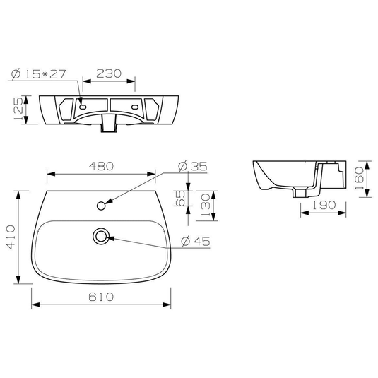 Ruby Roo 600x400mm 1TH Basin & Full Pedestal - RUBY1809