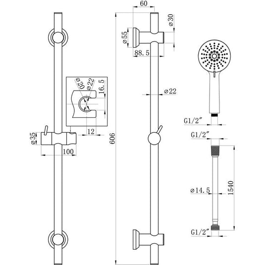 Ruby Round Premium Slider Rail Kit & 3 Mode Handset - RUBY105852 - Envy Bathrooms Ltd