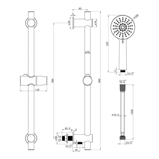 Ruby Round Premium Slider Rail Kit w/Elbow & 3 Mode Handset - RUBY105853 - Envy Bathrooms Ltd