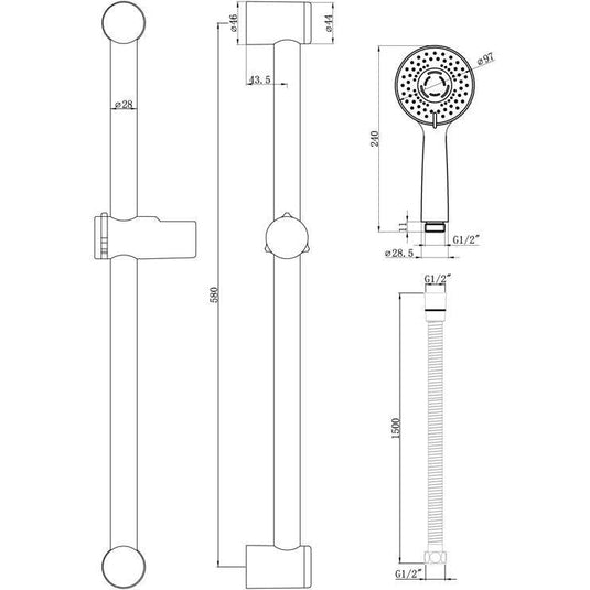 Ruby Round Slider Rail Kit & 3 Mode Handset - Chrome - RUBY105856 - Envy Bathrooms Ltd