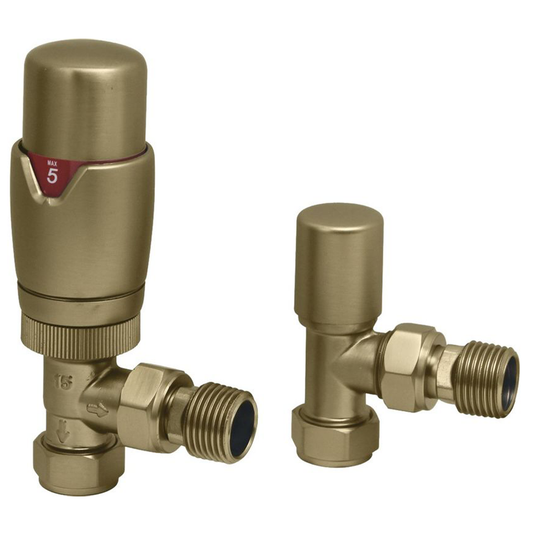 Ruby Round Thermostatic Brushed Brass Radiator Valves - Angled - RUBY108859