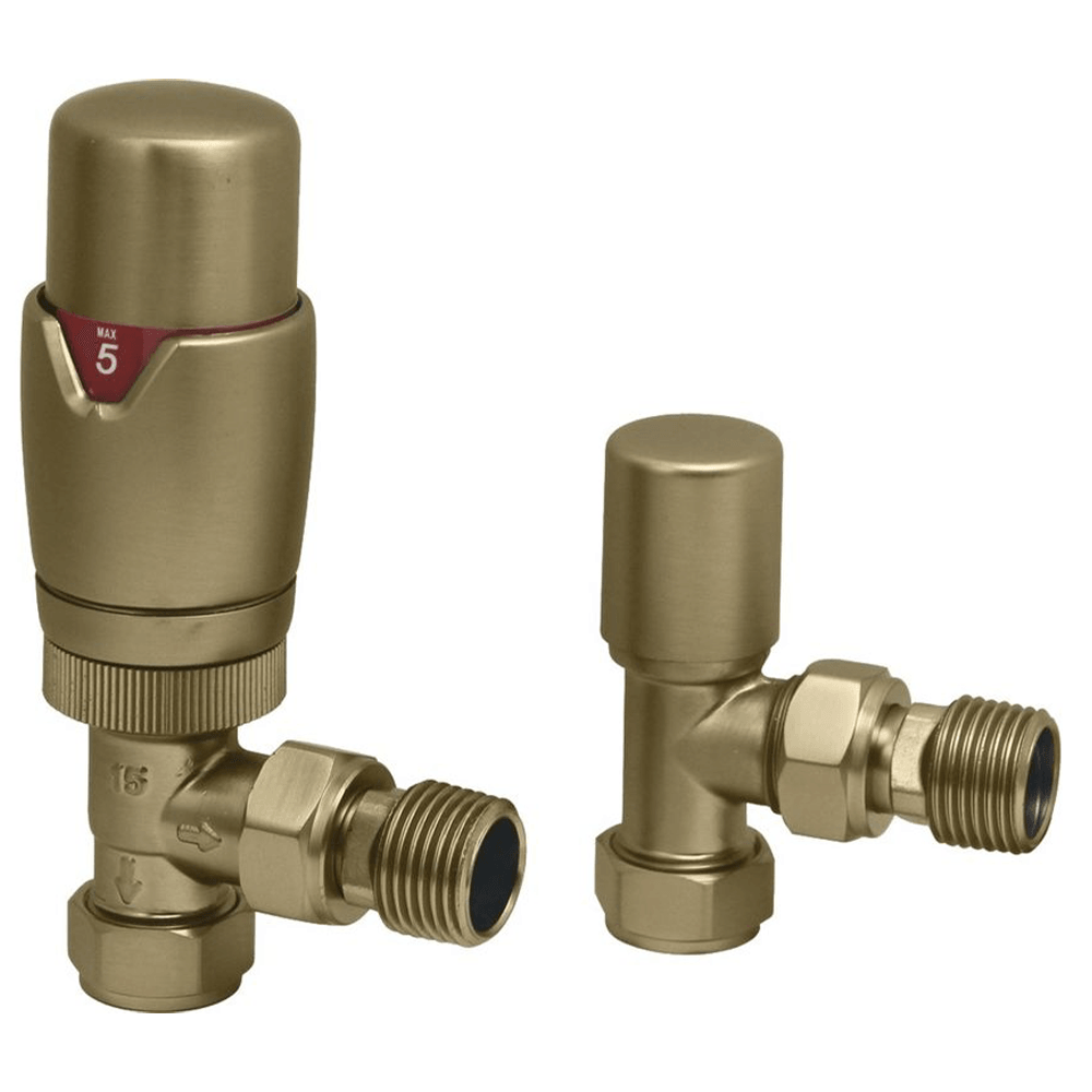 Ruby Round Thermostatic Brushed Brass Radiator Valves | Angled | RUBY1