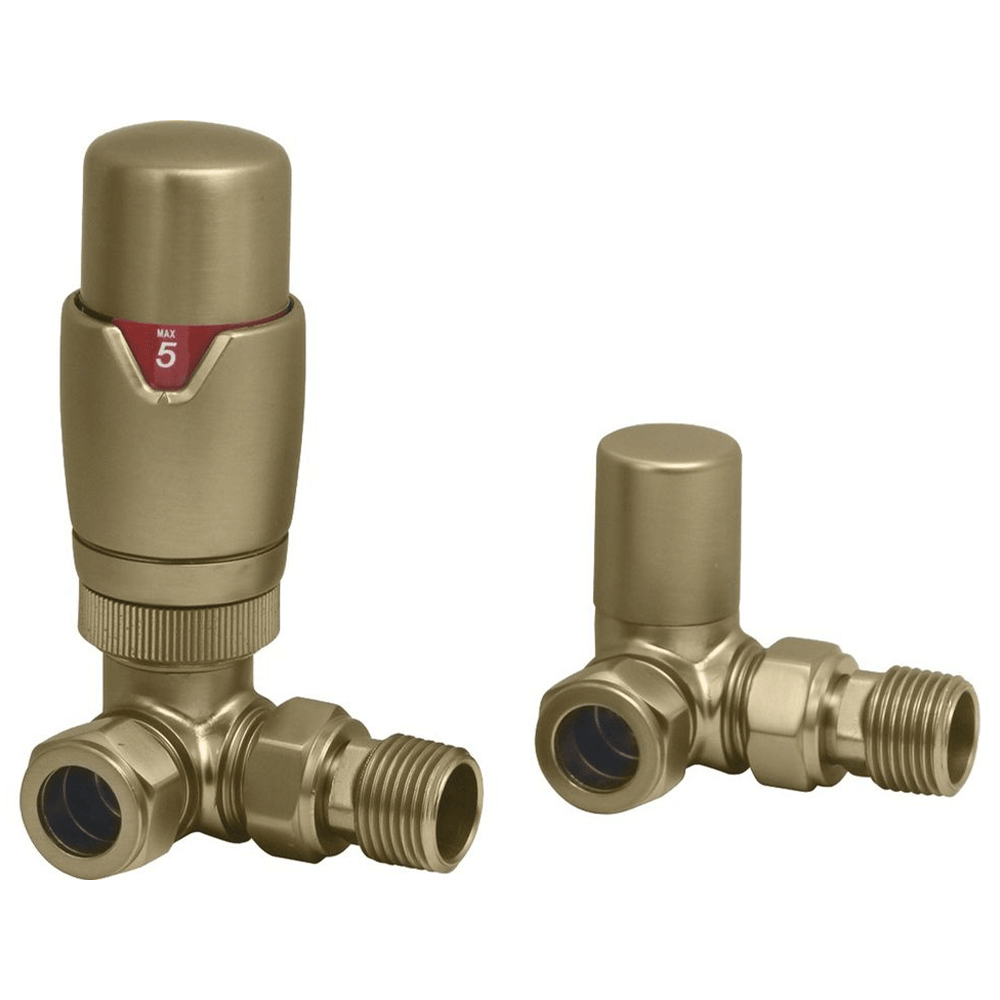 Ruby Round Thermostatic Brushed Brass Radiator Valves | Corner | RUBY1