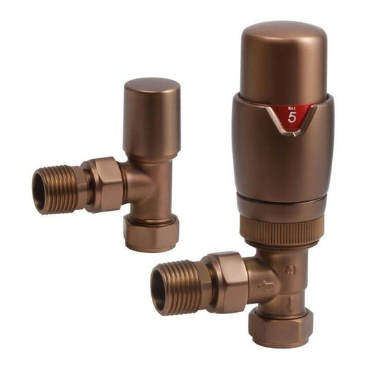 Ruby Round Thermostatic Brushed Bronze Radiator Valves - Angled - RUBY108863 - Envy Bathrooms Ltd