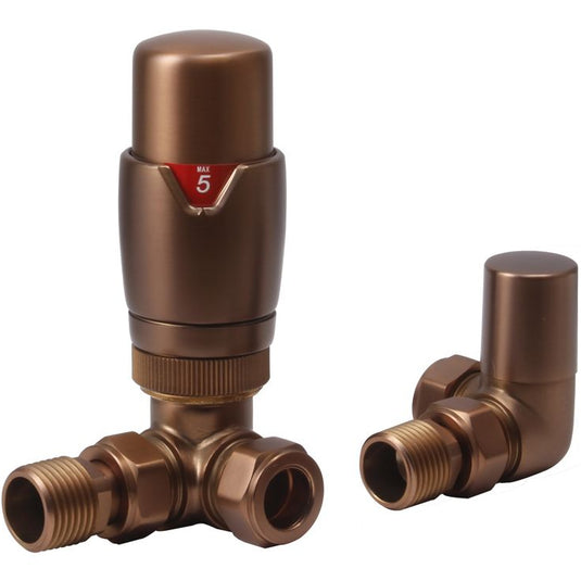 Ruby Round Thermostatic Brushed Bronze Radiator Valves - Corner - RUBY108865 - Envy Bathrooms Ltd