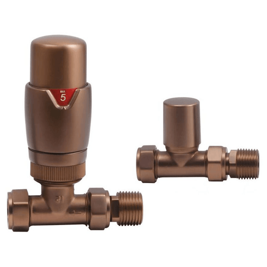 Ruby Round Thermostatic Brushed Bronze Radiator Valves - Straight - RUBY108864 - Envy Bathrooms Ltd