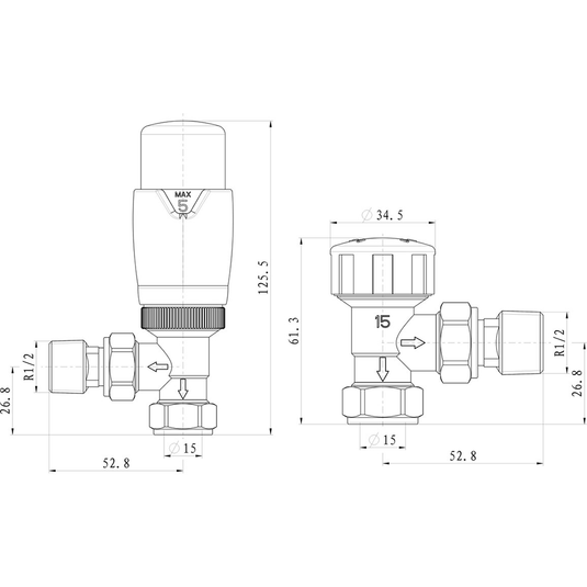 Ruby Round Thermostatic Chrome Radiator Valves - Angled - RUBY103021