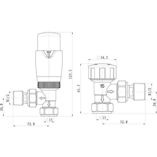 Ruby Round Thermostatic Chrome Radiator Valves - Angled - RUBY103021 - Envy Bathrooms Ltd
