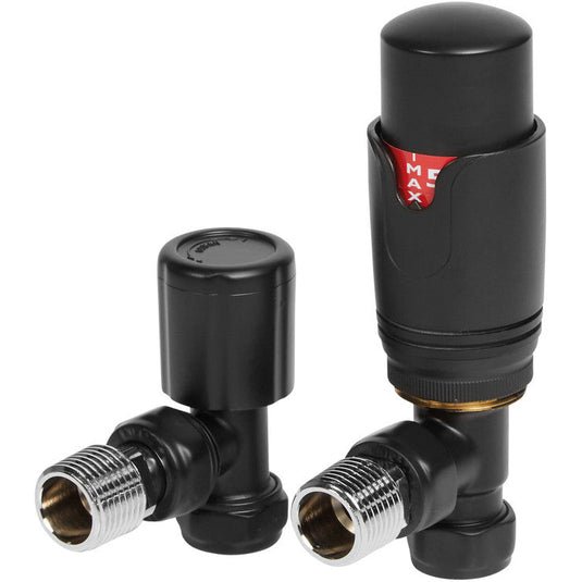 Ruby Round Thermostatic Matt Black Radiator Valves - Angled - RUBY104999 - Envy Bathrooms Ltd