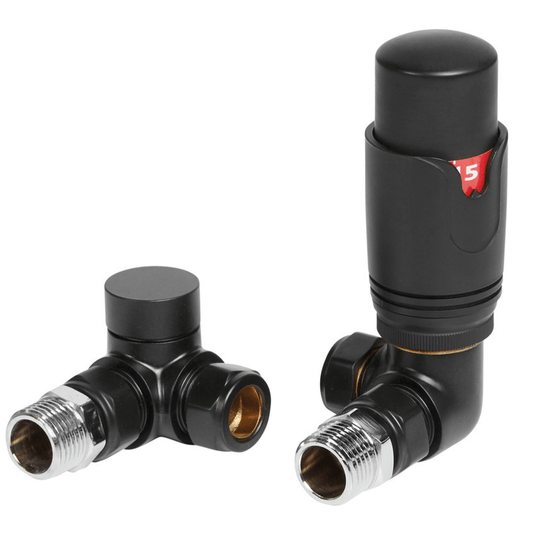 Ruby Round Thermostatic Matt Black Radiator Valves - Corner - RUBY105001 - Envy Bathrooms Ltd