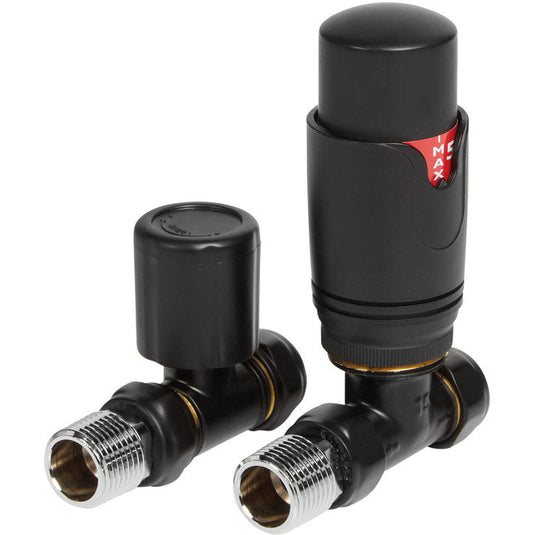 Ruby Round Thermostatic Matt Black Radiator Valves - Straight - RUBY105000 - Envy Bathrooms Ltd