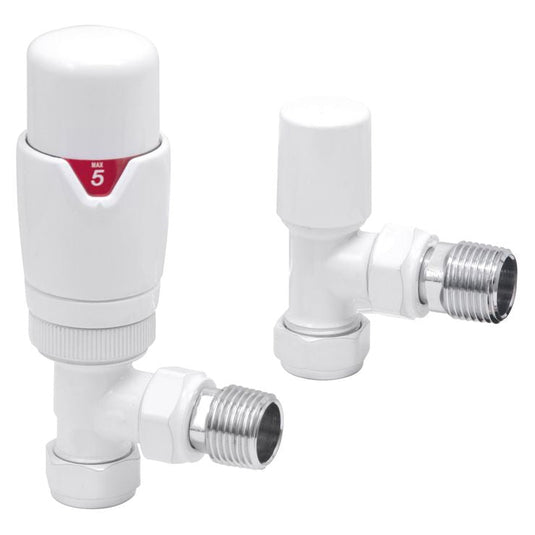 Ruby Round Thermostatic White Radiator Valves - Angled - RUBY105003 - Envy Bathrooms Ltd