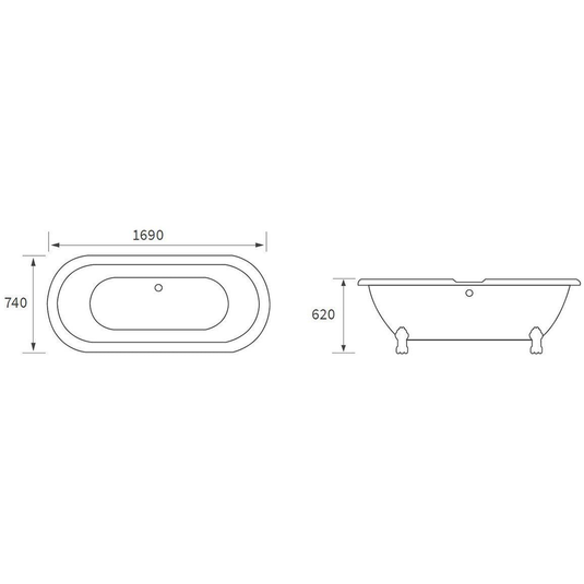 Ruby Rudy Freestanding 1690x740x620mm 2TH Bath w/Feet - White - RUBY102815