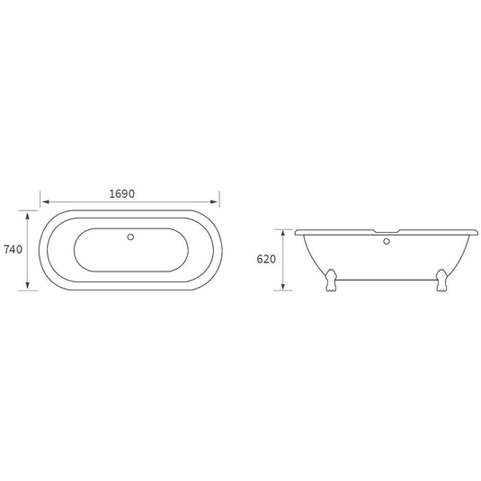 Ruby Rudy Freestanding 1690x740x620mm 2TH Bath w/Feet - White - RUBY102815 - Envy Bathrooms Ltd