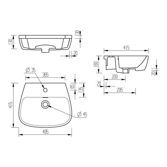 Ruby Shelby 495x415mm 1TH Semi Recessed Basin - RUBY106132 - Envy Bathrooms Ltd