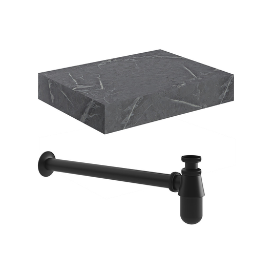 Ruby Smokey 600mm Wall Hung Grey Marble Basin Shelf & Black Bottle Trap - RUBY106944