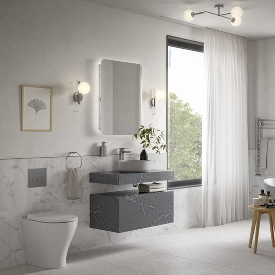 Ruby Smokey 600mm Wall Hung Grey Marble Basin Shelf & Black Bottle Trap - RUBY106944 - Envy Bathrooms Ltd