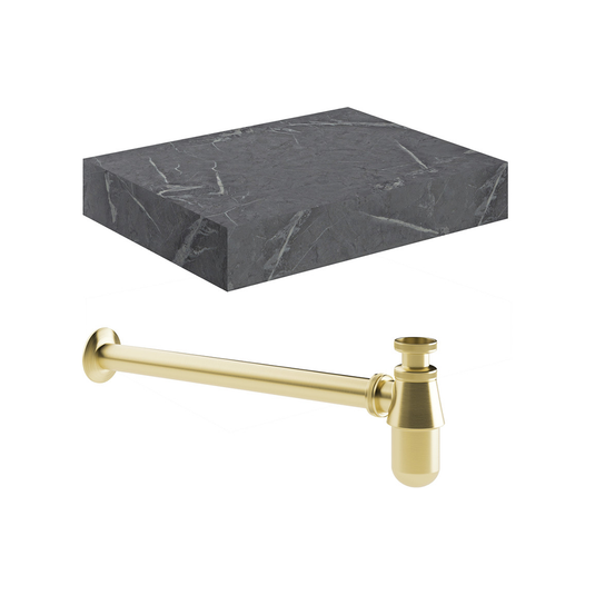 Ruby Smokey 600mm Wall Hung Grey Marble Basin Shelf & Brushed Brass Bottle Trap - RUBY106945