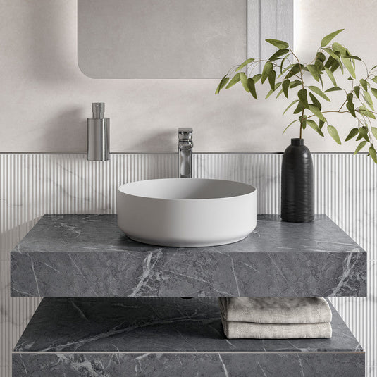 Ruby Smokey 600mm Wall Hung Grey Marble Basin Shelf & Brushed Brass Bottle Trap - RUBY106945 - Envy Bathrooms Ltd