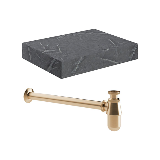 Ruby Smokey 600mm Wall Hung Grey Marble Basin Shelf & Brushed Bronze Bottle Trap - RUBY108908