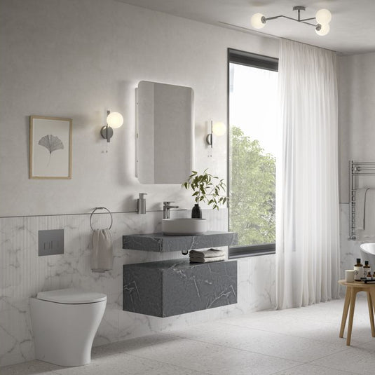 Ruby Smokey 600mm Wall Hung Grey Marble Basin Shelf & Brushed Bronze Bottle Trap - RUBY108908 - Envy Bathrooms Ltd