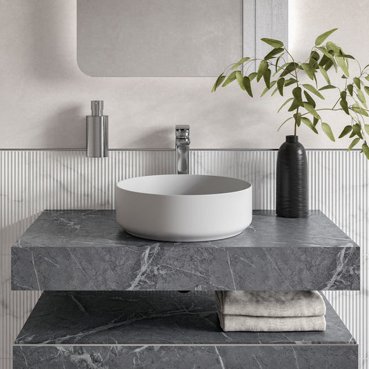 Ruby Smokey 600mm Wall Hung Grey Marble Basin Shelf & Brushed Bronze Bottle Trap - RUBY108908 - Envy Bathrooms Ltd