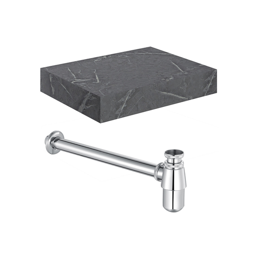 Ruby Smokey 600mm Wall Hung Grey Marble Basin Shelf & Chrome Bottle Trap - RUBY106943