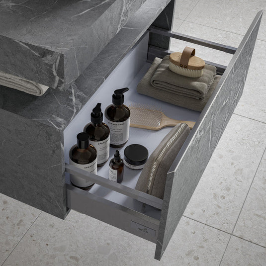 Ruby Smokey 600mm Wall Hung Grey Marble Basin Shelf & Chrome Bottle Trap - RUBY106943 - Envy Bathrooms Ltd