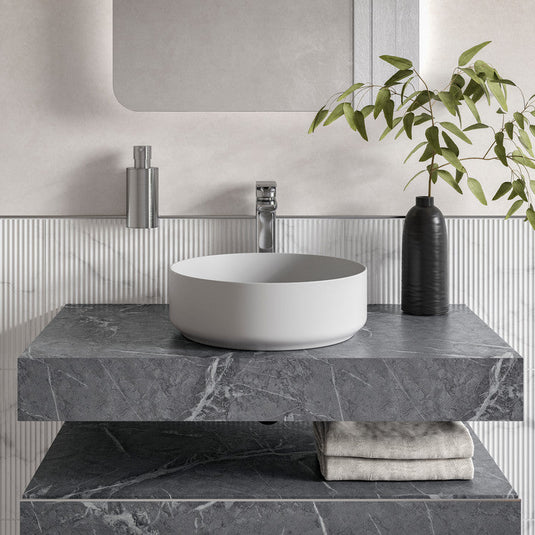 Ruby Smokey 600mm Wall Hung Grey Marble Basin Shelf & Chrome Bottle Trap - RUBY106943 - Envy Bathrooms Ltd