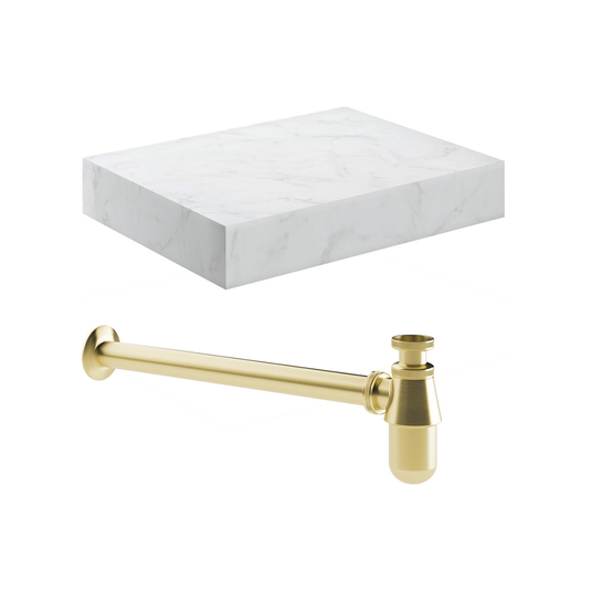 Ruby Smokey 600mm Wall Hung White Marble Basin Shelf & Brushed Brass Bottle Trap - RUBY106959