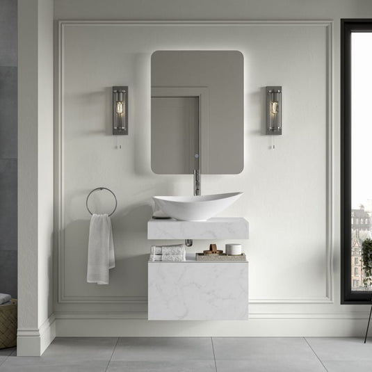 Ruby Smokey 600mm Wall Hung White Marble Basin Shelf & Brushed Brass Bottle Trap - RUBY106959 - Envy Bathrooms Ltd