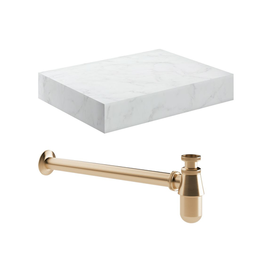 Ruby Smokey 600mm Wall Hung White Marble Basin Shelf & Brushed Bronze Bottle Trap - RUBY108910