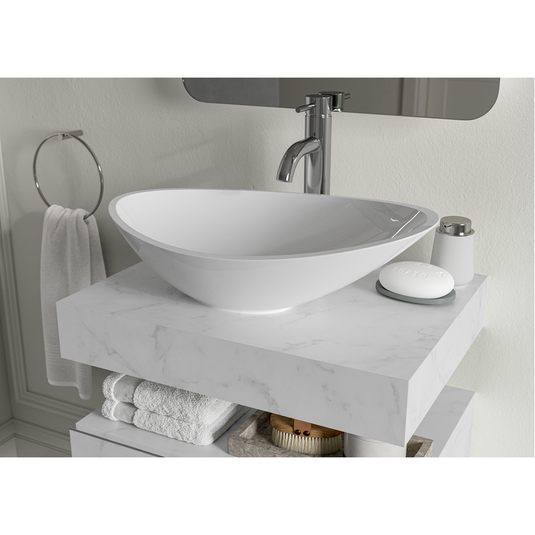 Ruby Smokey 600mm Wall Hung White Marble Basin Shelf & Chrome Bottle Trap - RUBY106957