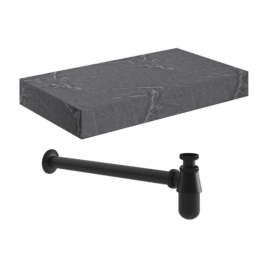 Ruby Smokey 800mm Wall Hung Grey Marble Basin Shelf & Black Bottle Trap - RUBY106948 - Envy Bathrooms Ltd