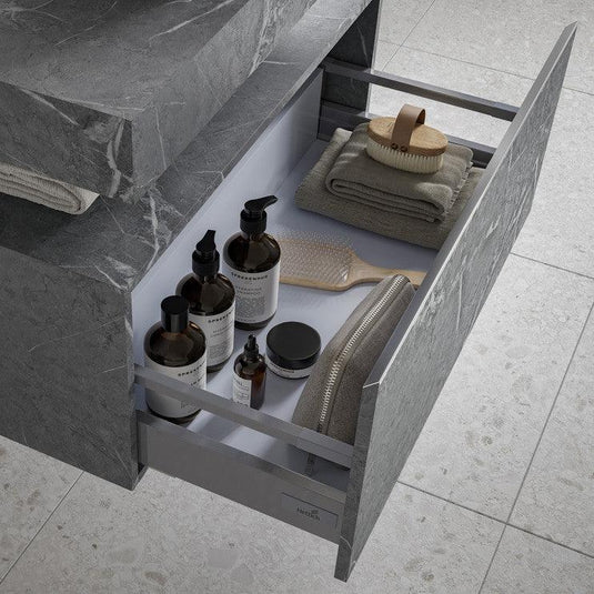 Ruby Smokey 800mm Wall Hung Grey Marble Basin Shelf & Brushed Brass Bottle Trap - RUBY106949 - Envy Bathrooms Ltd