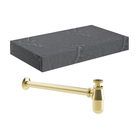 Ruby Smokey 800mm Wall Hung Grey Marble Basin Shelf & Brushed Brass Bottle Trap - RUBY106949 - Envy Bathrooms Ltd