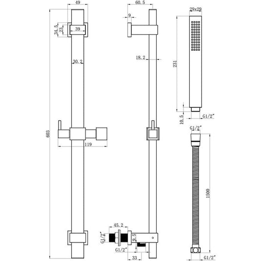 Ruby Square Premium Slider Rail Kit w/Elbow - RUBY105855 - Envy Bathrooms Ltd