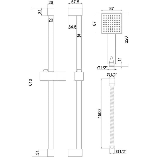 Ruby Square Slider Rail Kit & Single Mode Handset - Brushed Brass - RUBY108594 - Envy Bathrooms Ltd