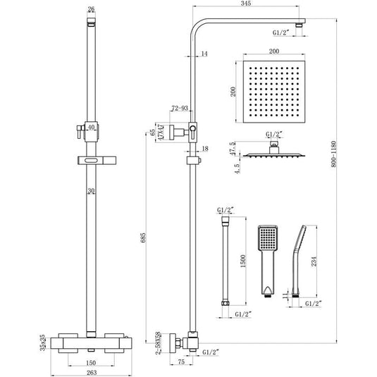 Ruby Square Thermostatic Bar Mixer w/Riser Kit - Matt Black - RUBY105886 - Envy Bathrooms Ltd