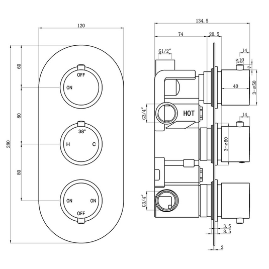 Ruby Teddy Thermostatic Two Outlet Triple Shower Valve - Chrome - RUBY105842