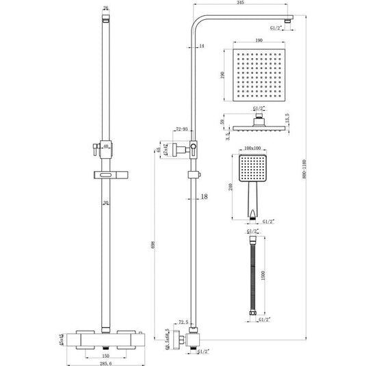 Ruby Theo Cool-Touch Thermostatic Mixer Shower w/Riser & Overhead Kit - Chrome - RUBY105829 - Envy Bathrooms Ltd